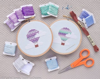 Hot Air Balloon Cross Stitch Pattern PDF | Set 30 Easy Purple and Aqua Balloons