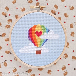 Rainbow Hot Air Balloon Cross Stitch Pattern PDF image 1