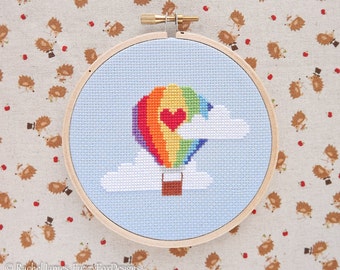 Rainbow Hot Air Balloon Cross Stitch Pattern PDF