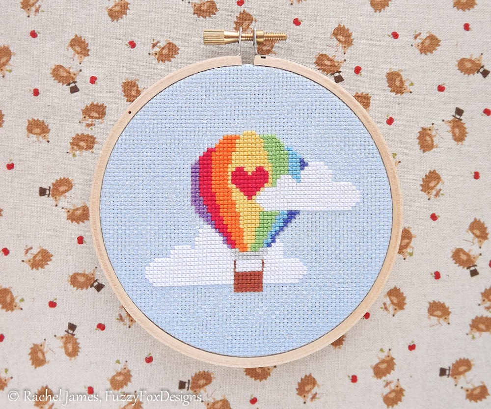 Watercolor Hot Air Balloon With Flowers PDF cross stitch pattern  instant download; pattern finish picture available