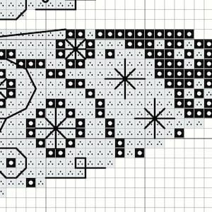 K&ouml;nnte beinhalten: Schwarz-wei&szlig;es Kreuzstichmuster mit einem Schneeflocken-Design. Das Muster ist auf wei&szlig;em Hintergrund mit schwarzen Quadraten.