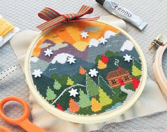 Woodland Cottage Cross Stitch Pattern PDF | Mountain Cabin Cross Stitch Chart