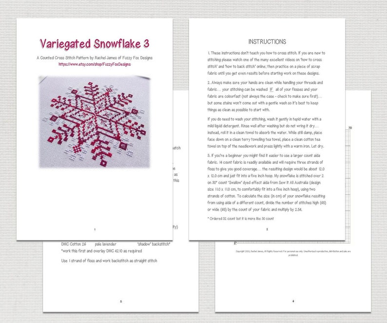 May include: A counted cross stitch pattern for a snowflake design. The pattern is called "Variegated Snowflake 3" and includes instructions for stitching. The snowflake is red and white on a white background.
