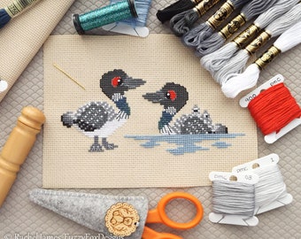 Cute Common Loons Cross Stitch Pattern PDF | Common Loon Family | Cute Bird Counted Cross Stitch Chart | Instant Download
