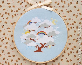 Cloud Tree Cross Stitch Pattern PDF | Whimsical Cloud Tree with Rainbows