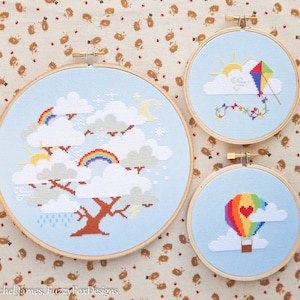 Regenbogen Kreuzstich Muster PDF Set | Wunderlicher Wolkenbaum, Heißluftballon & Drachen