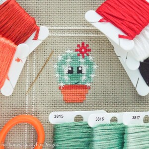 May include: Cross stitch pattern of a green cactus with a red flower on top, in a terracotta pot. The pattern is surrounded by embroidery floss in various colors, including red, orange, green, and black.
