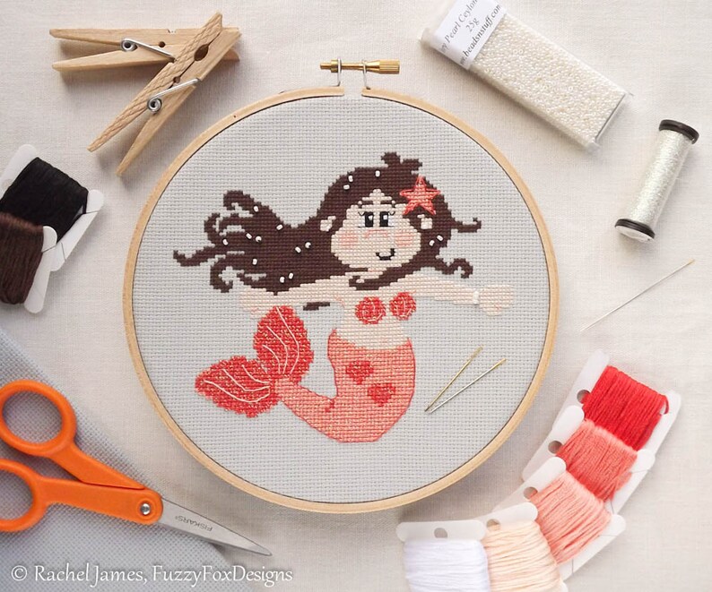 Mermaid Cross Stitch Pattern PDF Bella the Pretty Coral Mermaid image 2