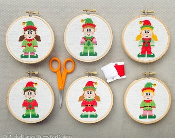 Christmas Elves Cross Stitch Pattern PDF | Set of 6 Cute Elf DIY Decorations