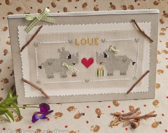 Romantic Little Rhinos Valentine's Day Card Cross Stitch Pattern PDF