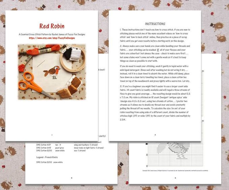 May include: A counted cross stitch pattern titled "Red Robin" with instructions and materials. The design features a red robin on a white background, with orange scissors and embroidery floss. The pattern is on a white paper.