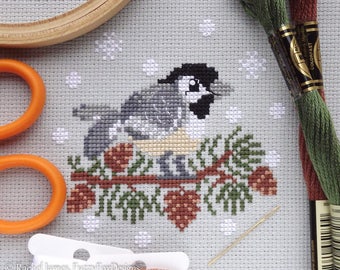 Christmas Chickadee Cross Stitch Pattern PDF | Black Capped Chickadee | Cute Bird Counted Cross Stitch Chart | Instant Download