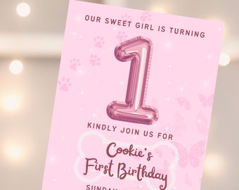 Invito alla festa del primo compleanno del cane, festa del cucciolo di cane, invito al download istantaneo, modificabile, rosa, UNO