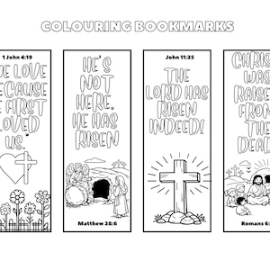 May include: Black and white coloring bookmarks with religious themes. Each bookmark features a different Bible verse and illustrations, including a cross, heart, and scenes from the Bible. The text "COLOURING BOOKMARKS" is at the top.