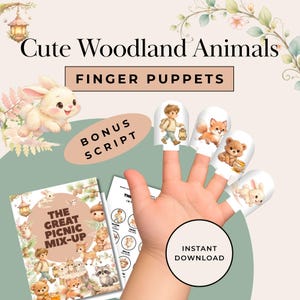 May include: A hand displays five finger puppets with woodland animal designs: a boy, fox, bear, and two bunnies. The image includes a book titled "The Great Picnic Mix-Up" and text that reads "Cute Woodland Animals" and "Finger Puppets".