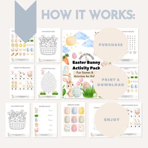Puede incluir: Un conjunto de p&aacute;ginas de actividades imprimibles con tem&aacute;tica de Pascua. Las p&aacute;ginas incluyen hojas para colorear, laberintos, juegos de emparejamiento y ejercicios de conteo. La imagen central muestra el texto "THE ULTIMATE Easter Bunny Activity Pack".