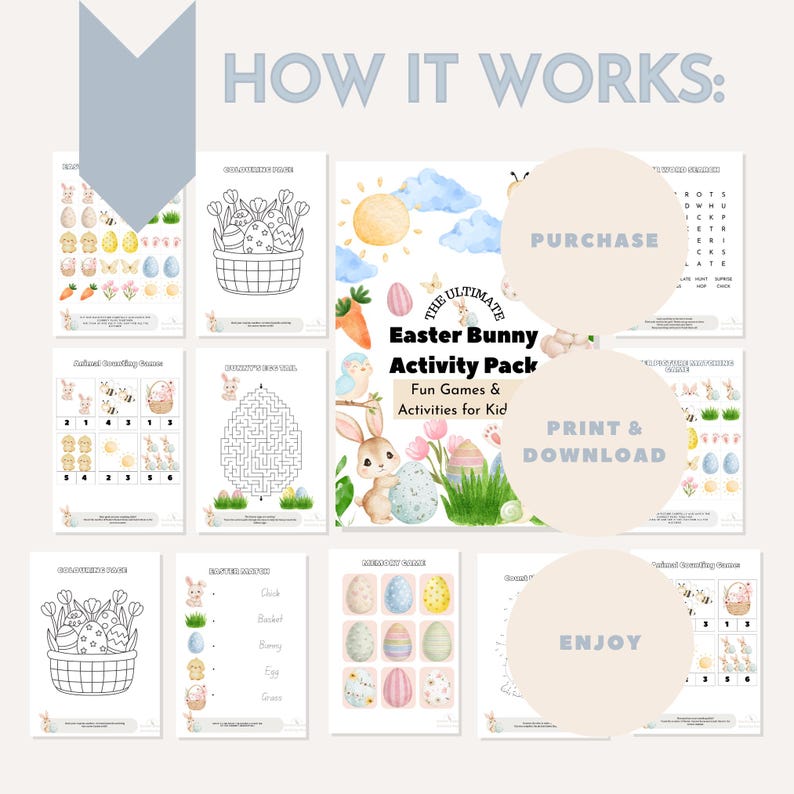 Puede incluir: Un conjunto de p&aacute;ginas de actividades imprimibles con tem&aacute;tica de Pascua. Las p&aacute;ginas incluyen hojas para colorear, laberintos, juegos de emparejamiento y ejercicios de conteo. La imagen central muestra el texto "THE ULTIMATE Easter Bunny Activity Pack".