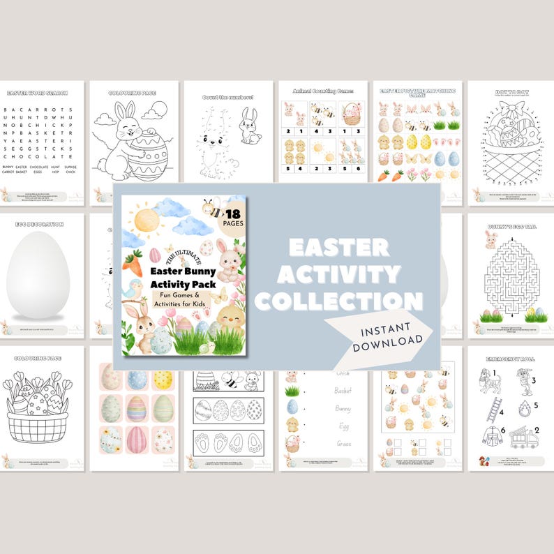Puede incluir: Una colecci&oacute;n de actividades de Pascua con 18 p&aacute;ginas, con una variedad de juegos y actividades divertidas para ni&ntilde;os. La portada presenta un conejito, huevos y zanahorias. Las palabras "Easter Bunny Activity Pack" son visibles.