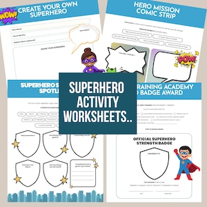 May include: Superhero activity worksheets with various prompts and activities. Includes a comic strip template, a badge award, and a section to create your own superhero. The worksheets are designed with a blue and white color scheme.