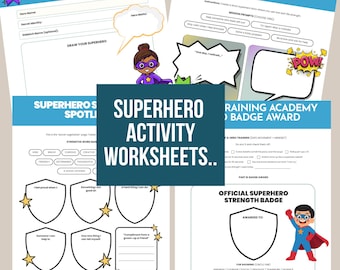 Fogli di attività per bambini sui supereroi, crea il tuo eroe con un foglio di lavoro stampabile, attività divertente per feste di compleanno e per l'homeschooling.