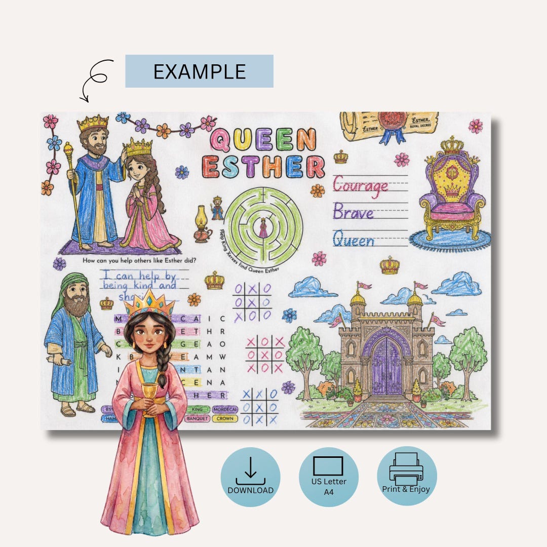 Queen Esther Coloring Page Printable for Kids | Bible Activity Placemat ...