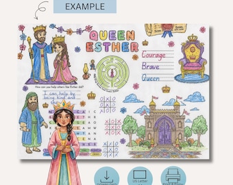 Disegno da colorare della regina Ester stampabile per bambini / Attività biblica / Gioco/scheda didattica per la scuola domenicale cristiana