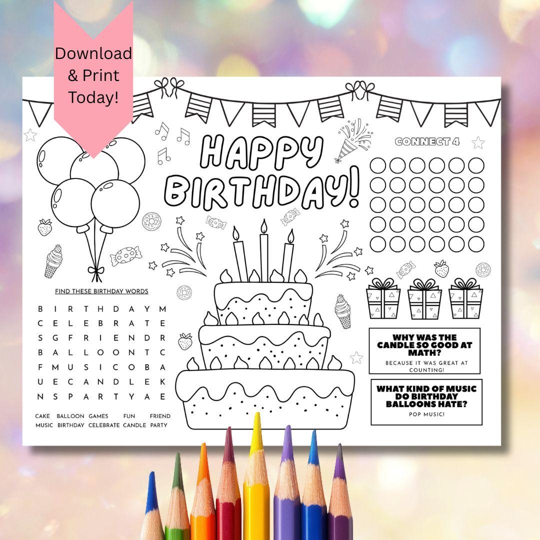 Birthday Coloring Placemat, Kids Activity Sheet, Printable Party Games ...