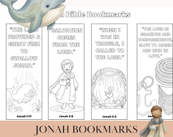Segnalibri con versetti biblici di Giona per bambini / Segnalibri cristiani stampabili / Carte con versetti biblici sulla storia della balena / Regalo per la scuola domenicale