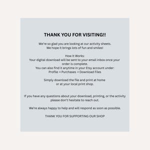 Puede incluir: Un anuncio de descarga digital sobre un fondo gris claro. El texto dice "&iexcl;GRACIAS POR VISITARNOS!" seguido de informaci&oacute;n sobre hojas de actividades, descargas digitales y c&oacute;mo imprimirlas. El texto tambi&eacute;n incluye un mensaje de agradecimiento.