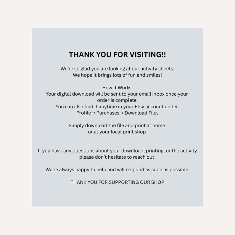 Puede incluir: Un anuncio de descarga digital sobre un fondo gris claro. El texto dice "&iexcl;GRACIAS POR VISITARNOS!" seguido de informaci&oacute;n sobre hojas de actividades, descargas digitales y c&oacute;mo imprimirlas. El texto tambi&eacute;n incluye un mensaje de agradecimiento.