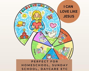 Hoja de actividades imprimible "Puedo amar como Jesús", hoja de trabajo bíblica para niños, manualidad sobre el carácter cristiano, lección de escuela dominical, página de actividades sobre la fe.