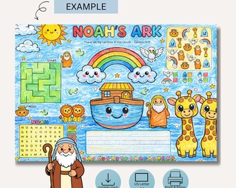 Tovaglietta dell'Arca di Noè, attività stampabile per bambini, foglio da colorare con la Bibbia cristiana, scuola a casa, chiesa, momento di quiete, foglio di lavoro in PDF