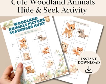 Caccia al tesoro di animali del bosco stampabile per bambini, gioco di attività nella natura del bosco, avventura all'aria aperta, scheda didattica per l'apprendimento a casa.