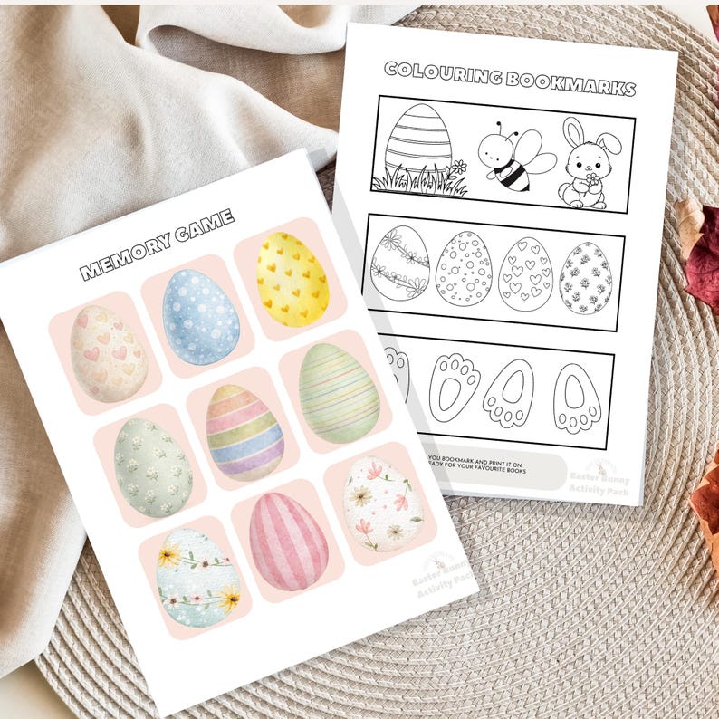 Puede incluir: Dos hojas de actividades de Pascua imprimibles. Una hoja es un juego de memoria con nueve dise&ntilde;os de huevos de Pascua en acuarela. La otra hoja es para colorear, con contornos de huevos de Pascua, una abeja y un conejito. El texto "COLOURING BOOKMARKS" est&aacute; en la parte superior.