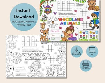 Scheda di attività sugli animali del bosco stampabile per bambini, pagina di apprendimento sulla foresta, gioco di labirinto e cruciverba da colorare, PDF per la scuola materna e l'istruzione domiciliare