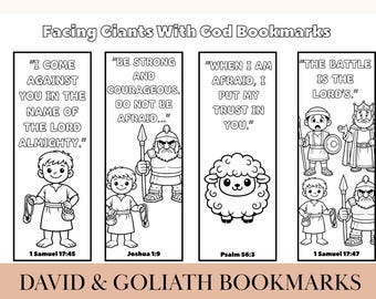 Segnalibri di Davide e Golia stampabili, segnalibri con versetti biblici per bambini, regalo cristiano per bambini, segnalibri con Scritture, attività per la scuola domenicale