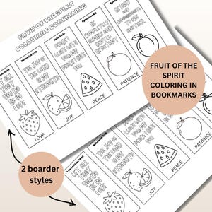 May include: Black and white coloring bookmarks with fruit illustrations and inspirational quotes. The bookmarks feature the text "Fruit of the Spirit Coloring Bookmarks" and "2 boarder styles". Each bookmark has a different fruit and word.