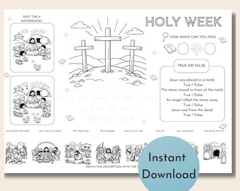 Tovaglietta con giochi biblici per la Settimana Santa per bambini / Storie di Pasqua stampabili / Foglio di attività cristiane