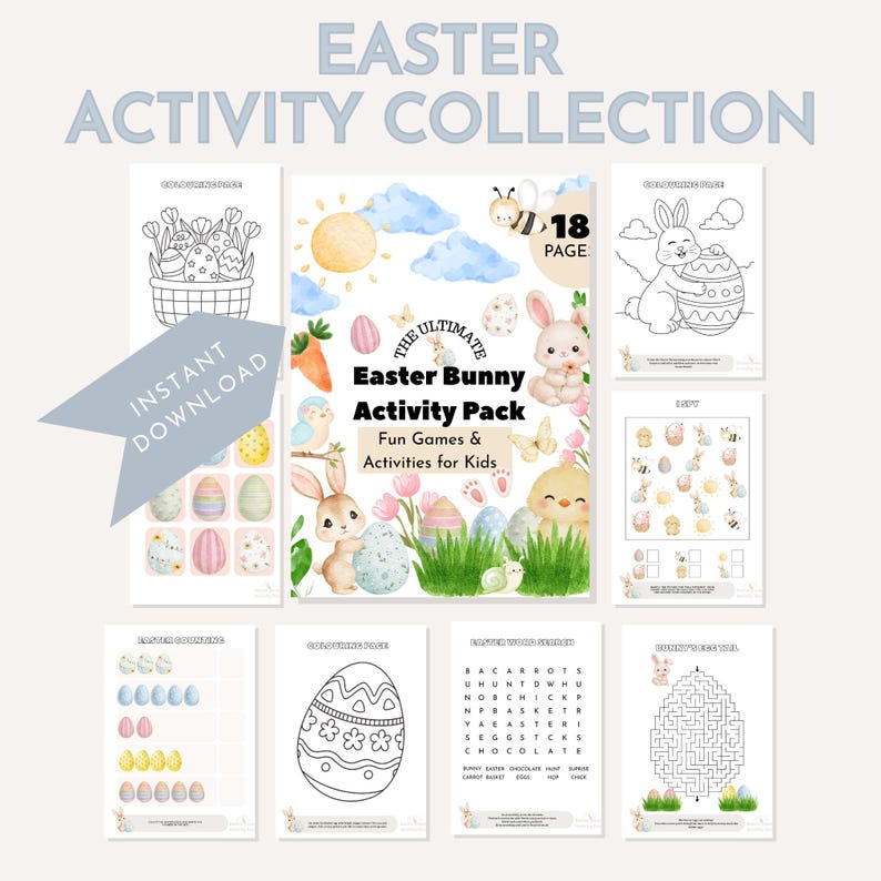 Puede incluir: Un paquete de actividades con tem&aacute;tica de Pascua para ni&ntilde;os, con p&aacute;ginas para colorear y juegos. La portada muestra un conejito, un pollito y huevos. El texto dice "The Ultimate Easter Bunny Activity Pack: Fun Games & Activities for Kids".