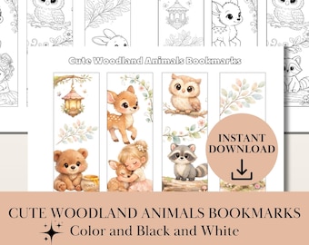 Segnalibri stampabili con animali del bosco, segnalibri da colorare per bambini, attività creativa fai-da-te a tema foresta, regalo per la classe, formato PDF A4 US Letter