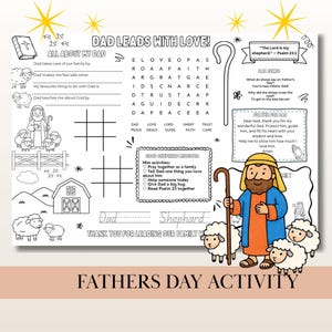 Könnte beinhalten: Ein schwarz-weißes Vatertags-Aktivitätsblatt mit dem Text DAD LEADS WITH LOVE, einem Wortsuchrätsel, Tic-Tac-Toe-Feldern und einem Gebet für den Vater. Es enthält Illustrationen eines Hirten, von Schafen, einer Scheune und einer Bibel.