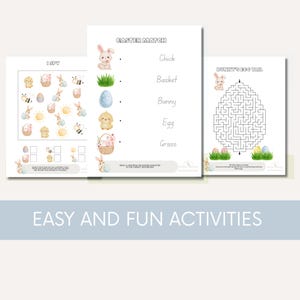 Puede incluir: Tres hojas de actividades con tem&aacute;tica de Pascua. Una hoja presenta un juego de "I Spy" con im&aacute;genes de Pascua. Otra es un juego de emparejamiento. La tercera es un laberinto titulado "Bunny's Egg Tail". El texto "Easy and Fun Activities" est&aacute; en la parte inferior.