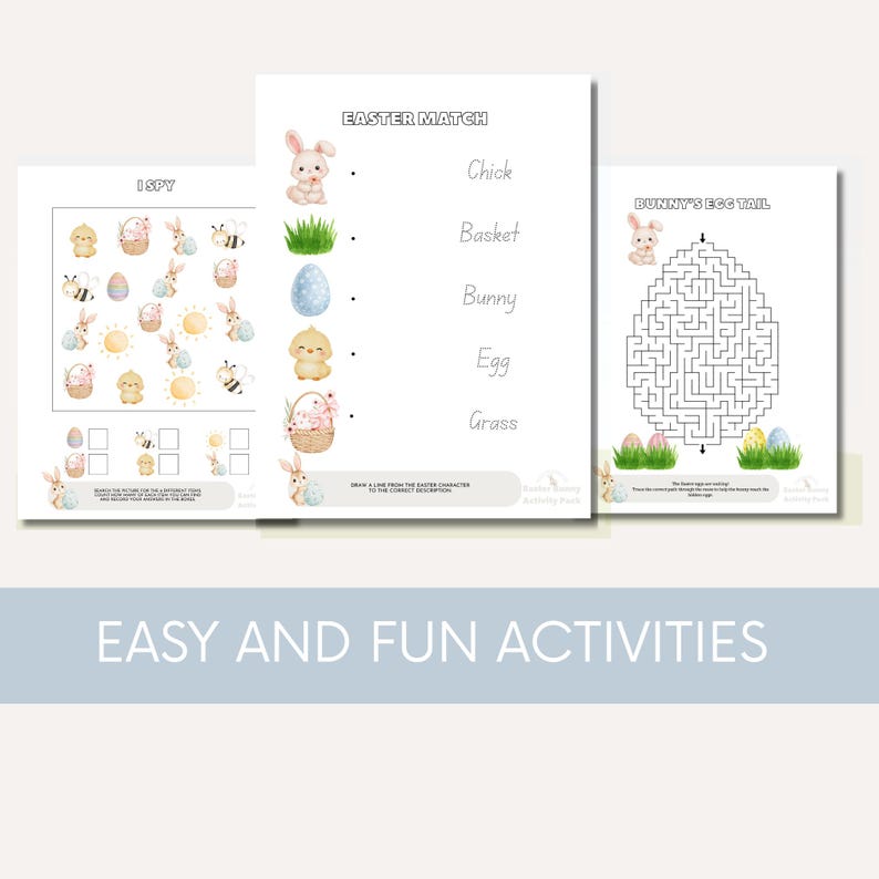 Puede incluir: Tres hojas de actividades con tem&aacute;tica de Pascua. Una hoja presenta un juego de "I Spy" con im&aacute;genes de Pascua. Otra es un juego de emparejamiento. La tercera es un laberinto titulado "Bunny's Egg Tail". El texto "Easy and Fun Activities" est&aacute; en la parte inferior.