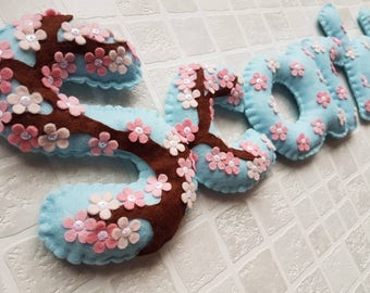 Felt name banner. Cherry Blossom theme. Childrens bedroom decor. Nursery decor. Personalised baby gift. Christening gift