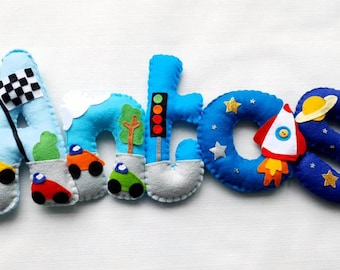 Felt name banner. Transport vehicles hot air ballon plane digger car truck Childrens bedroom decor. Nursery decor. Personalised baby gift