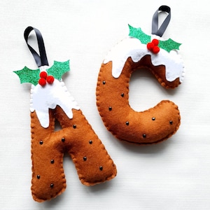 Personalised Christmas Pudding Hanging Letter. 18cm felt initial. Christmas tree decoration. Childrens bedroom decor stocking filler