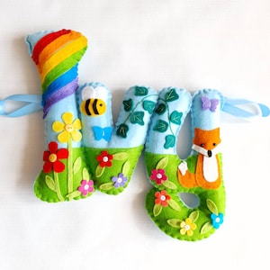 Felt name banner, spring, summer theme Childrens bedroom decor. Nursery, baby girl. Personalised gift. Christening, birthday, rainbow decor