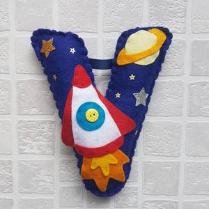 Personalised Hanging Letter. 18cm decorated felt initial Space rocket star planet Baby Gift Childrens bedroom decor stocking filler image 6