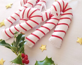 Felt and ribbon candy cane Christmas tree decorations