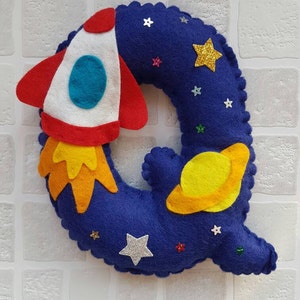 Personalised Hanging Letter. 18cm decorated felt initial Space rocket star planet Baby Gift Childrens bedroom decor stocking filler image 4